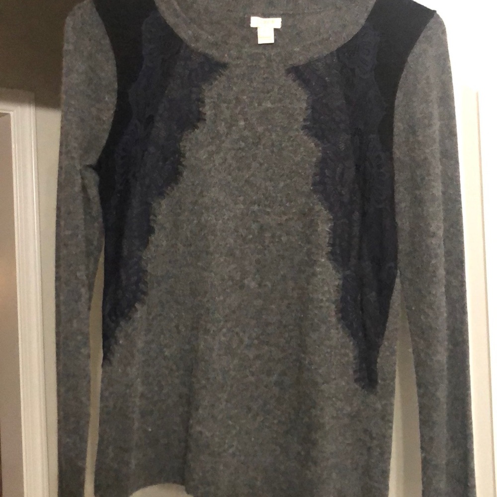 Grey sweater with black and blue lace detail